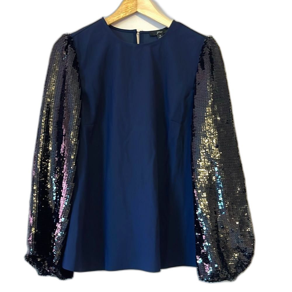 J. Crew Sequin Sleeve Statement Holiday Blouse NWT Navy Blue Black Womens Small